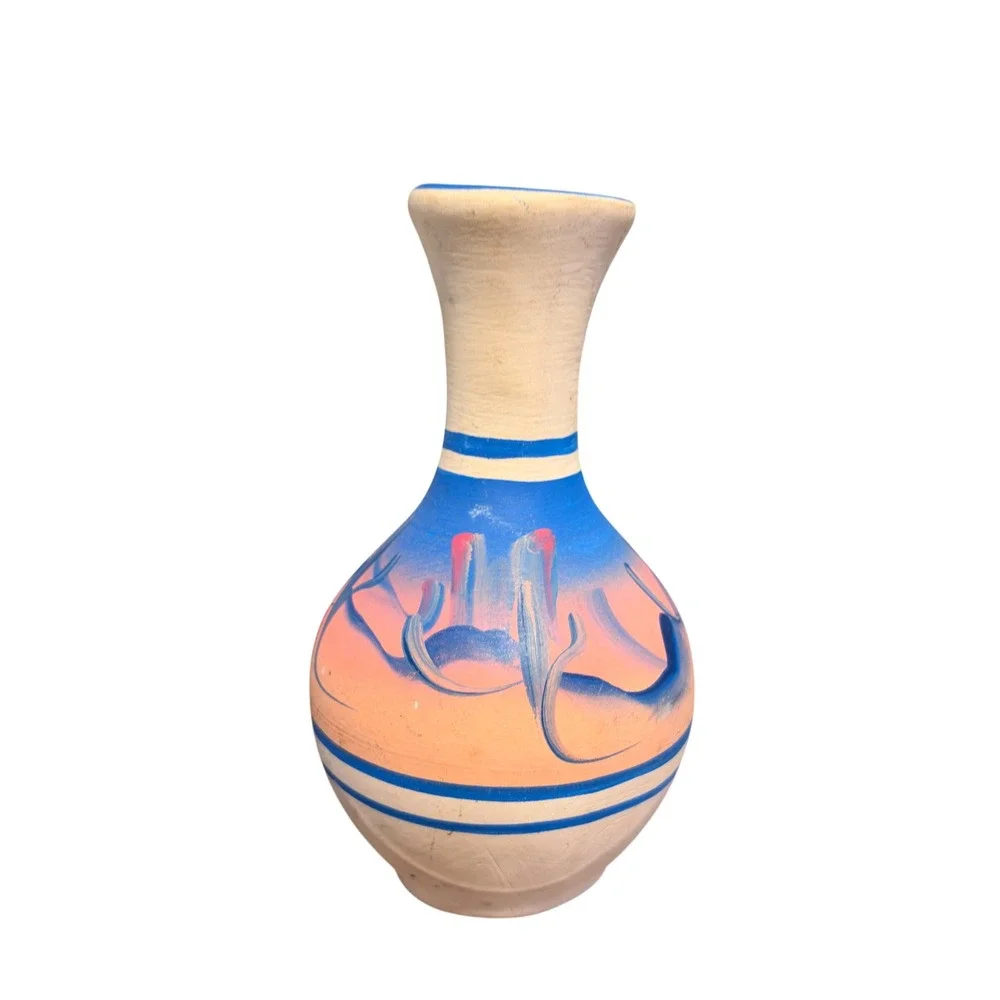 Hand Painted Southwestern Terracotta Vase Blue Peach Desert Landscape Cactus VTG